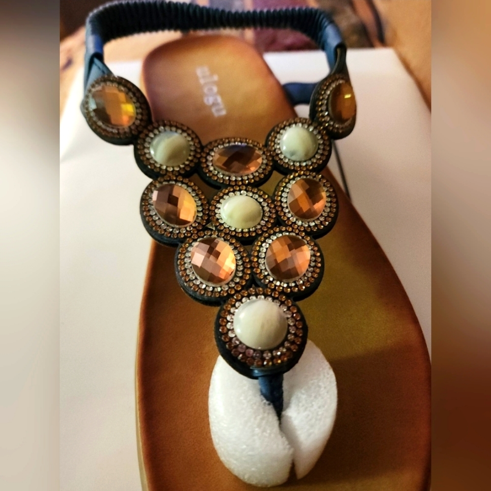 Womens Flat Sandals with Elastic Back Jewel Design on Thong Flip Flop Boho 7.5 - Picture 3 of 6